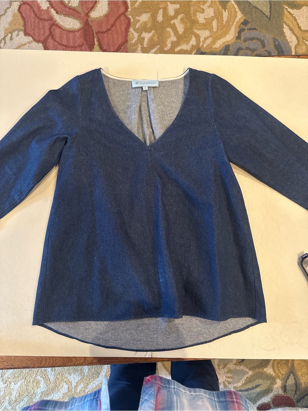 Tuckernuck Tetley Shirt M Dark Denim V Neck 3/4 Sleeves 100% Cotton Puff Sleeves